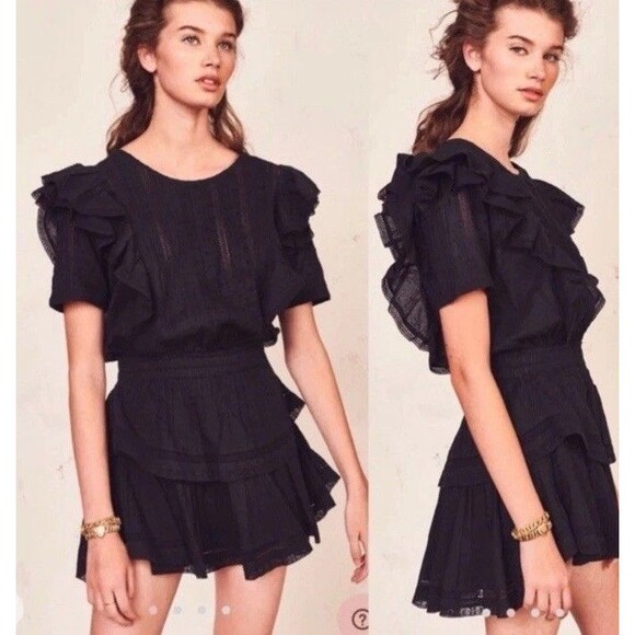 LoveShackFancy Natasha Mini Dress Womens Medium Black Ruffle Swiss Dot Coquette - Picture 1 of 16